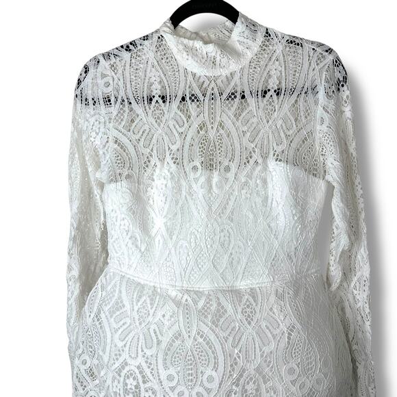 Lulus NWT Gorgeous Attraction White Sheer Lace Structured Long Sleeve Mini Dress - Picture 5 of 11